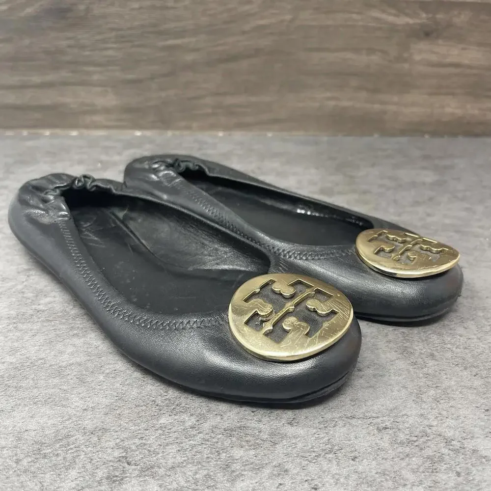 Tory Burch Minnie Travel Ballet Flats Womens Size 5 Black Leather Slip On Shoes